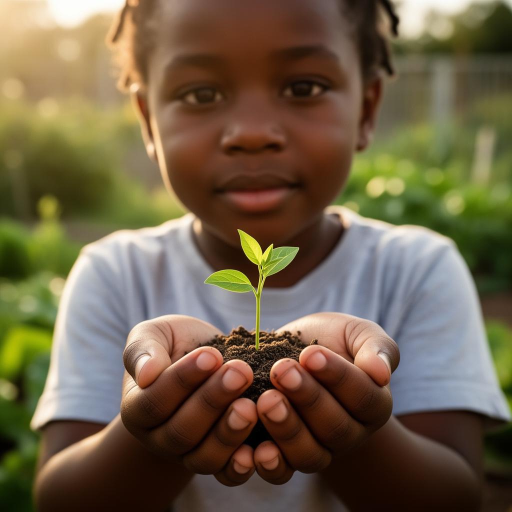A young Black child's cupped hands cradling a delicate green seedling in soil, in a sunlit garden.